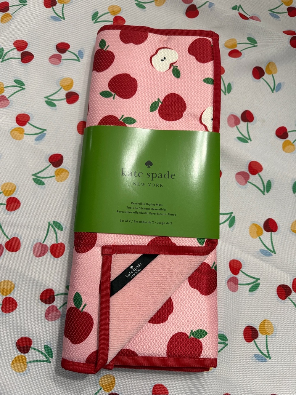 kate spade Pink and Red Cherry Print Reversible Kitchen Mat Set